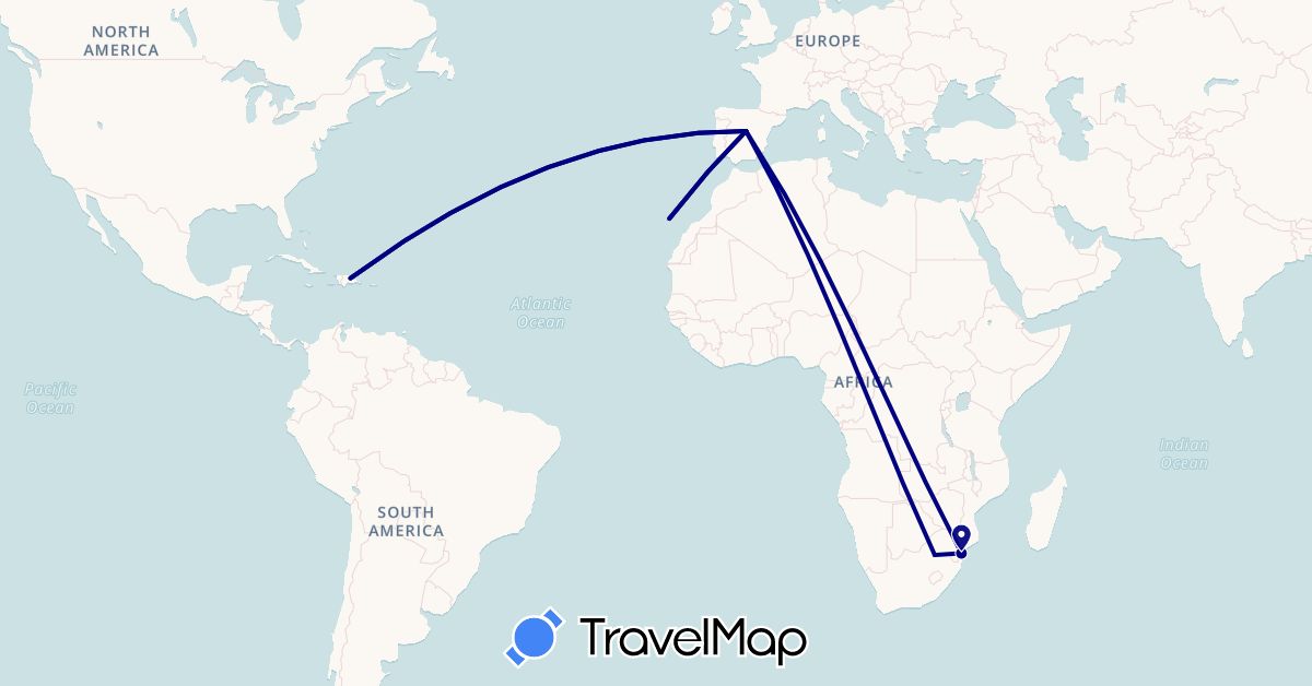 TravelMap itinerary: driving in Dominican Republic, Spain, Mozambique, South Africa (Africa, Europe, North America)